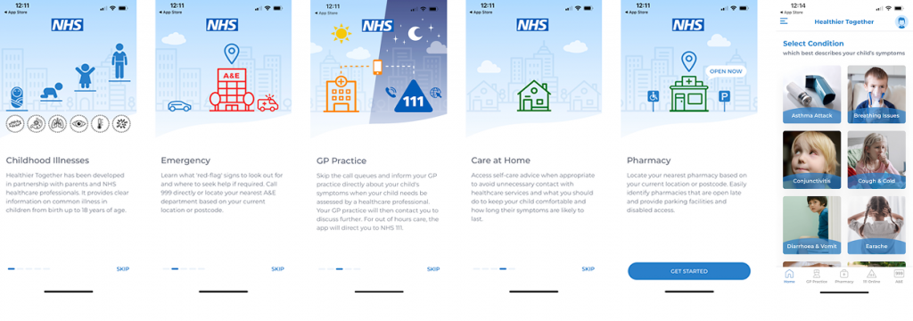 A series of screenshots of the different help options presented in the Healthier Together App