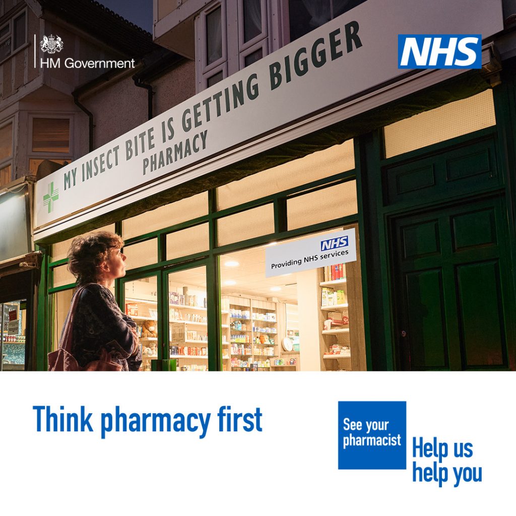 A person is standing outside a pharmacy looking uncomfortable. The sign above the pharmacy reads 'My insect bite is getting worse pharmacy'
A lower third box features in the bottom on the image. Text in the box reads: 'Think pharmacy first'