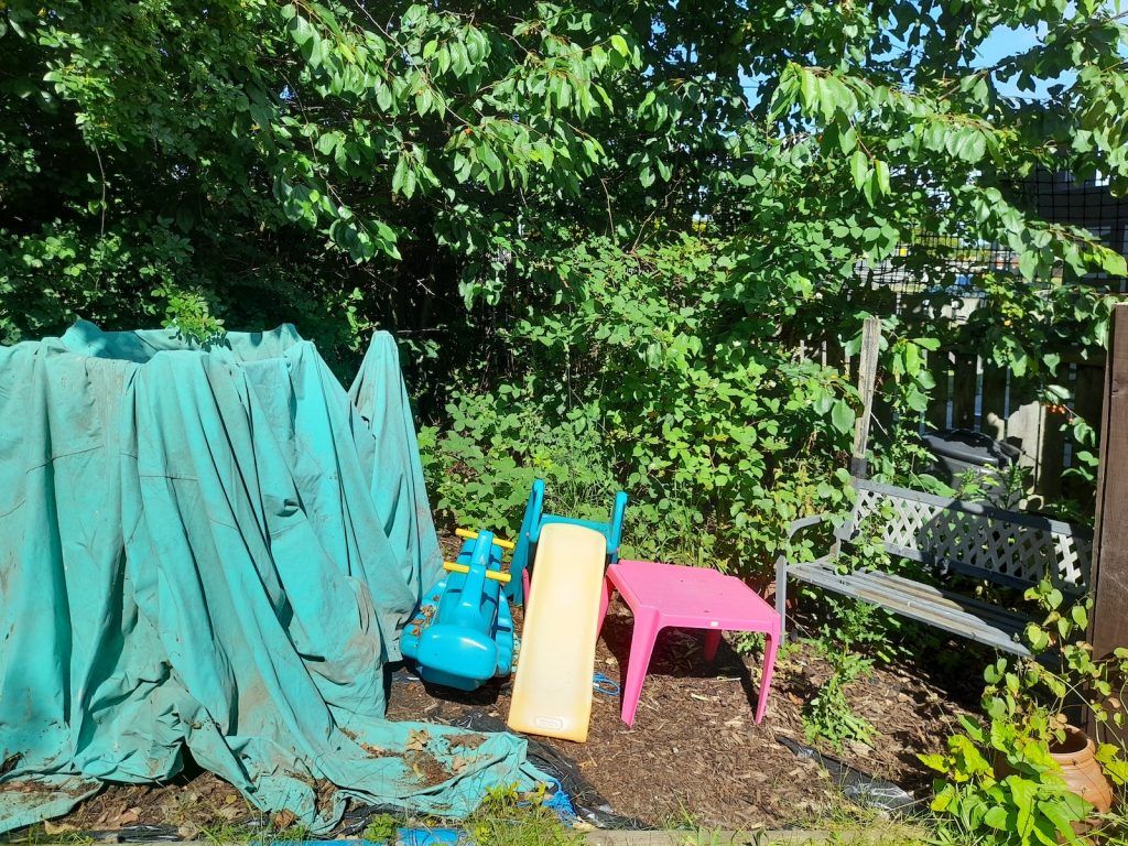 An untidy garden scene with overgrown foliage and old, unused toys and garden equipment strewn.