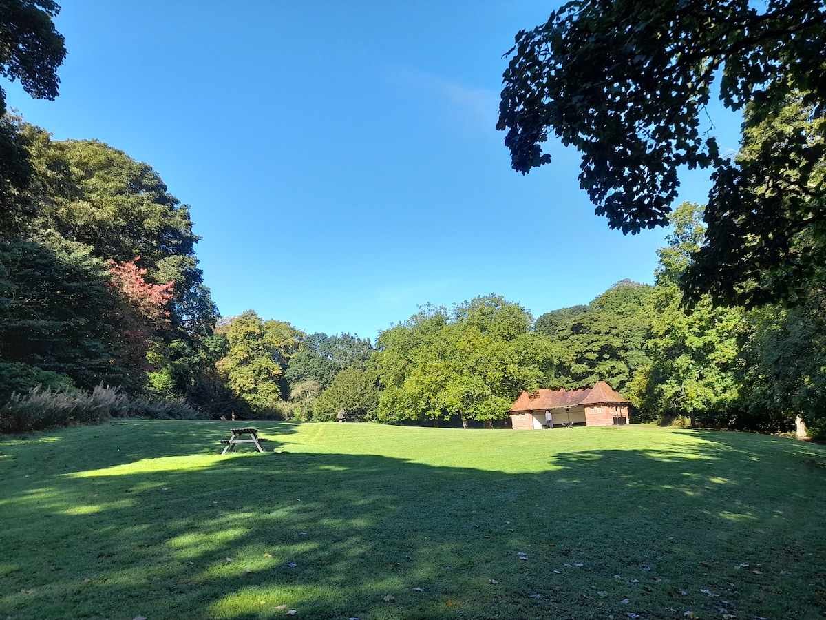 A view in the sun of a green field with a pavilion and thick woodland 