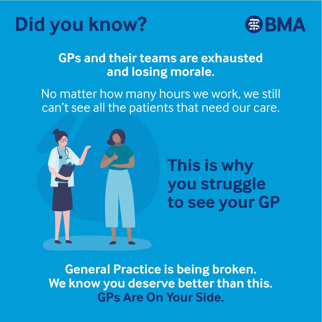 Did you know?
GPs and their teams are exhausted and losing morale.
No matter how many hours we work, we still can't see all the patients that need our care.
BMA
This is why you struggle to see your GP
General Practice is being broken.
We know you deserve better than this.
GPs Are On Your Side.