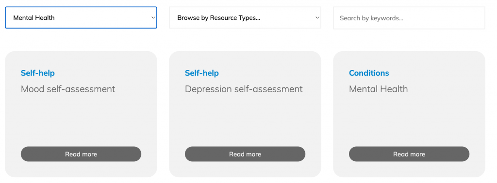 A screenshot shows filtered search results for the Mental Health resources.