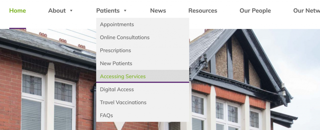 A screenshot shows a the drop down options that appear from the Patients option on the main website menu, The Accessing Services option is highlighted.